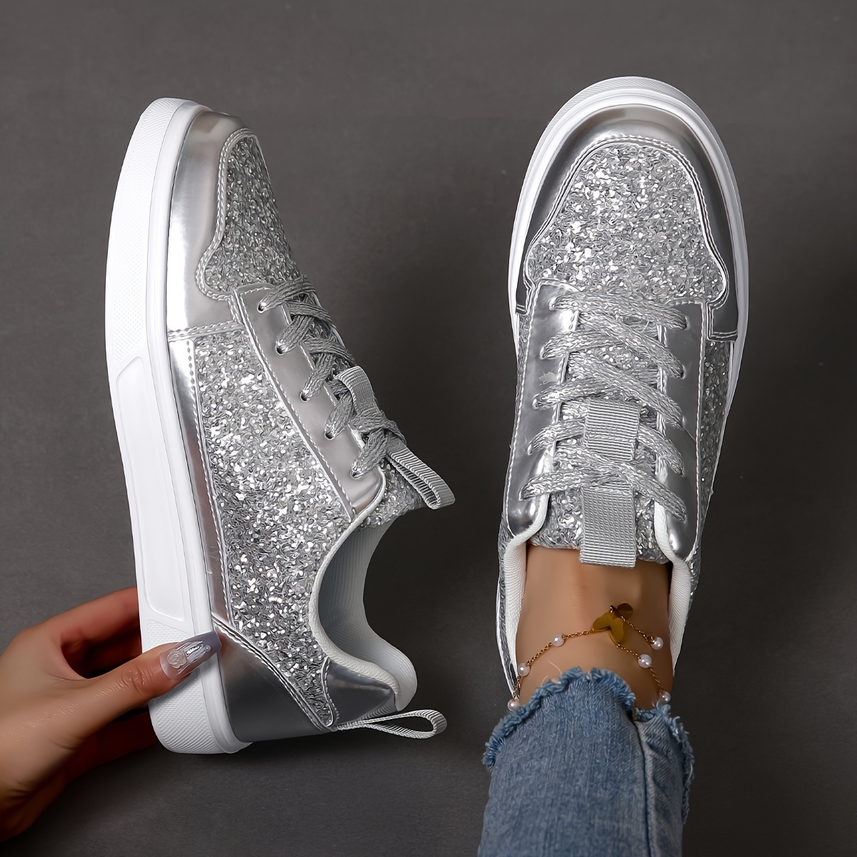 

Women's Sparkly Sequins Sneakers, Casual Flat Low Top Sport Shoes, Fashion Walking Trainers For Casual Attire