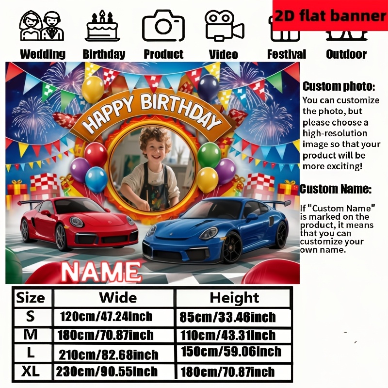 TEMU 2d Flat 1pc Customizable Photo Racing Car With Colorful Balloons Happy Birthday Themed Party Backdrop, Suitable For Family Gatherings, Weddings,