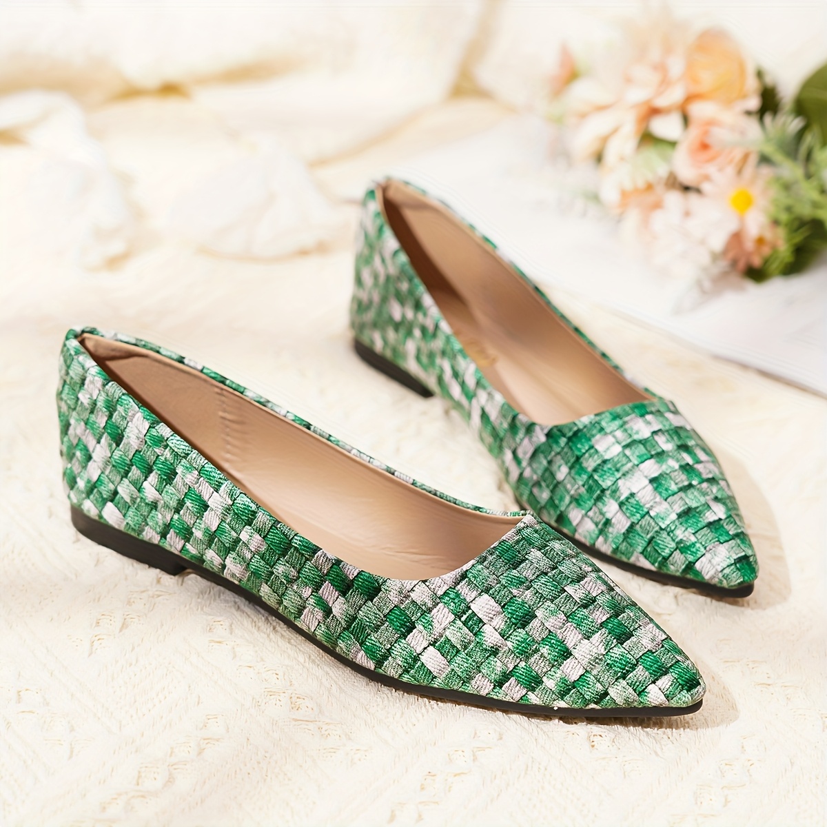 grün weiß geflochtene spitze flache schuhe damen leichte Temu