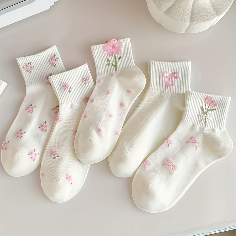 TEMU A Pack Of 5 Pairs Of Women' And Floral Ankle Socks, Fashionable, Versatile, Sweet And Cute, Trendy Spring And Summer Socks Suitable For Daily Wear