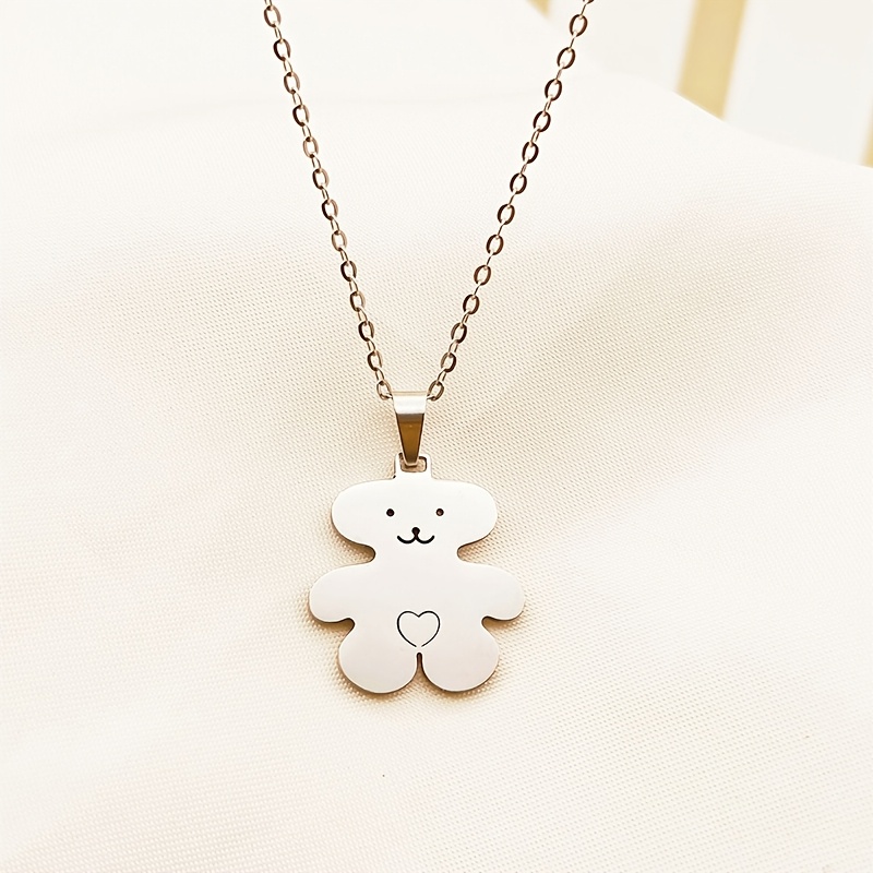 TEMU Collar de acero inoxidable con oso de y cara sonriente pulida, bonita cadena de eslabones en O de dibujos animados para chica, accesorio de