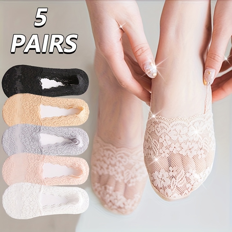 TEMU 5/10 Pairs Women's Lace Thin Short Invisible Socks - Breathable Hollow Out Design, Sweat-wicking, Elegant Japanese-style No-show Socks With