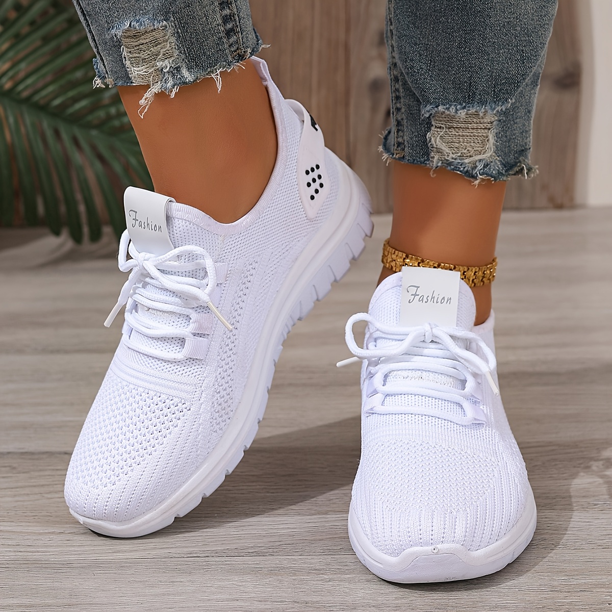 Women's White Breathable Mesh Running Shoes - Comfortable Low-Top Sneakers with Rubber Sole for Travel, Vacation & Casual Wear, Sleek Shoe Design | Cushioned Support