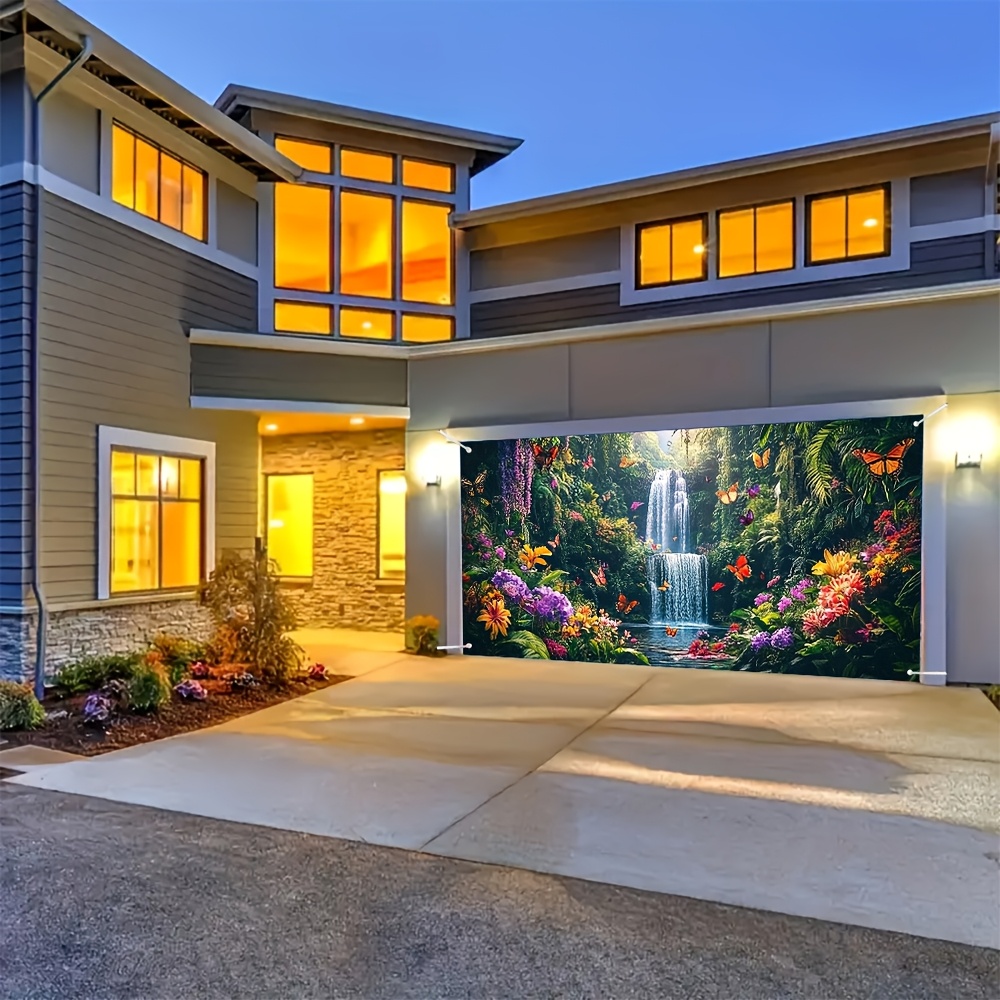 2D Flat - 2D Door Banner, 1pc Psychedelic Forest Waterfall Garage Door Banner - Vibrant 2D Flat Print, Large Polyester Fabric, Easy Hanging Installation, Perfect for Weddings, Parties & Outdoor Decor, Waterfall Wall Decor