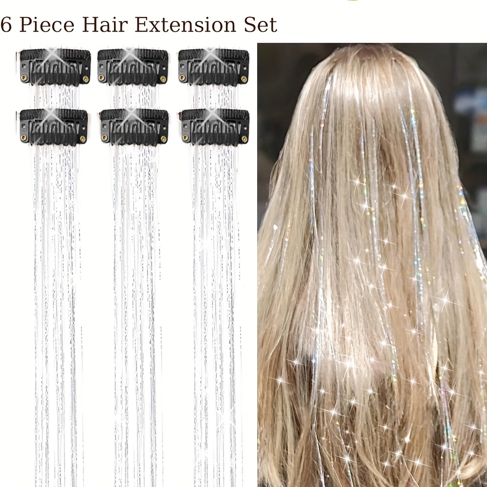 E-shop Synthetisches Haar 6 Stück Clip-On Synthetisches Haar Bündel 20 Zoll Glänzendes Feenhaar Partyfarben Haaraccessoires Set Ideal für Weihnachten,