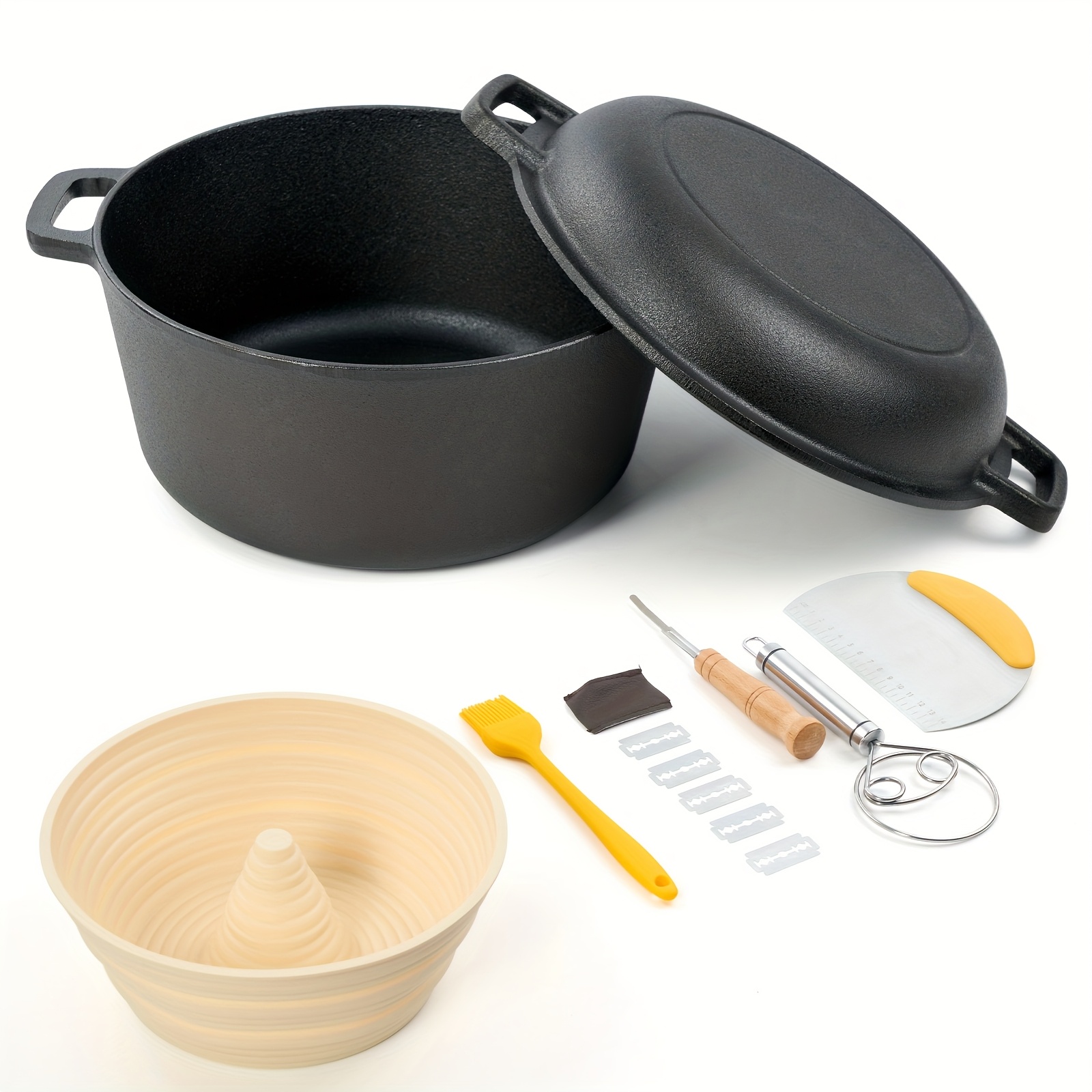 TEMU 6.5qt Pre- Cast Iron Dutch Oven Pot With Lid, Dutch Oven For Bread Baking With Sourdough Bread Baking Supplies, Pan Set With Dual Handles Indoor Outdoor For Frying, Baking, Camping, Bbq