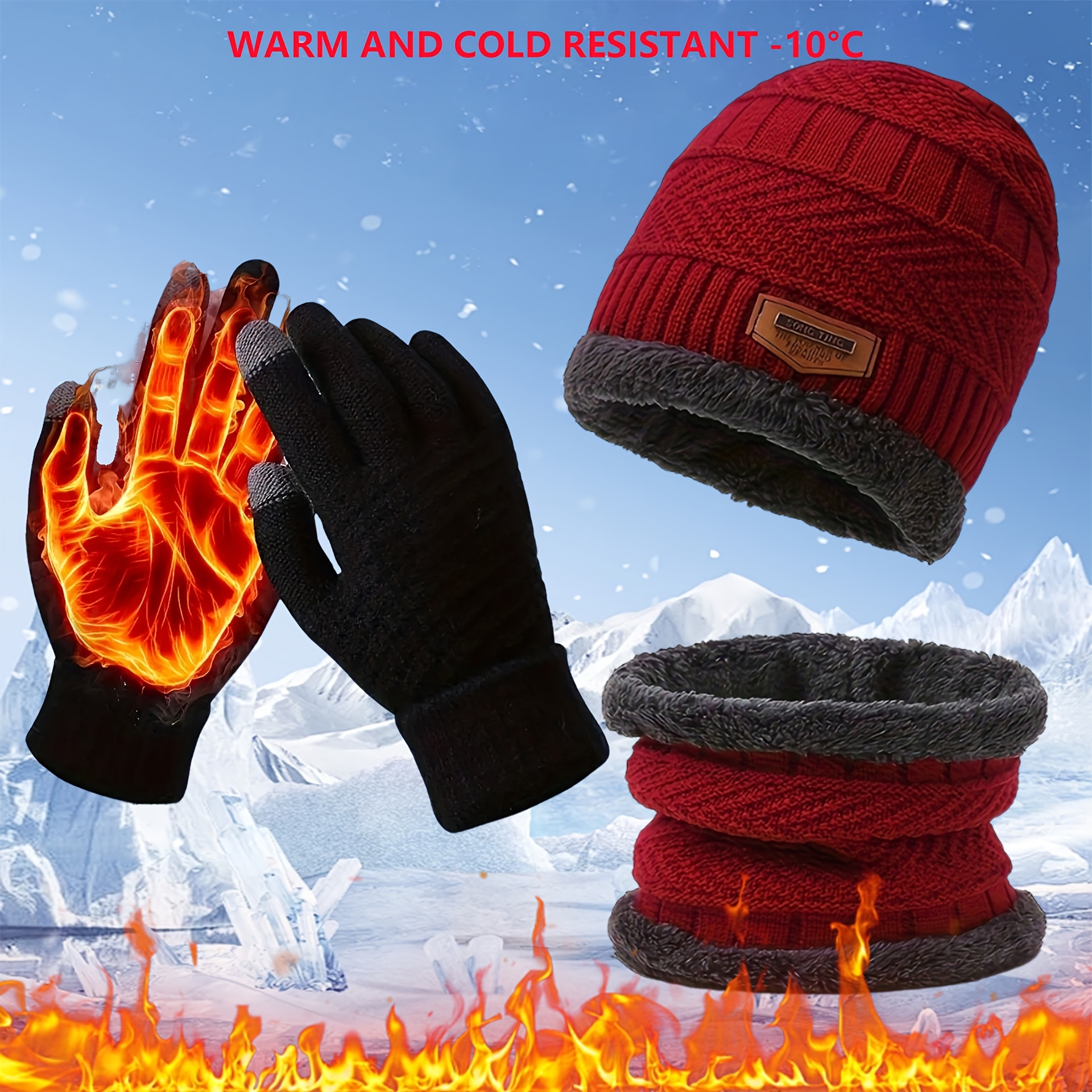 Herbst-Winter Dreiteiliges Set: Strickmtze, Schal Touchscreen-Handschuhe  mit Dreieck-Letter-Patch, Dicke Warme Fahrrad-Strickhandschuhe,  Winter-Warmes Geschenkset, Unifarbene Mtze Handschuhe, ...