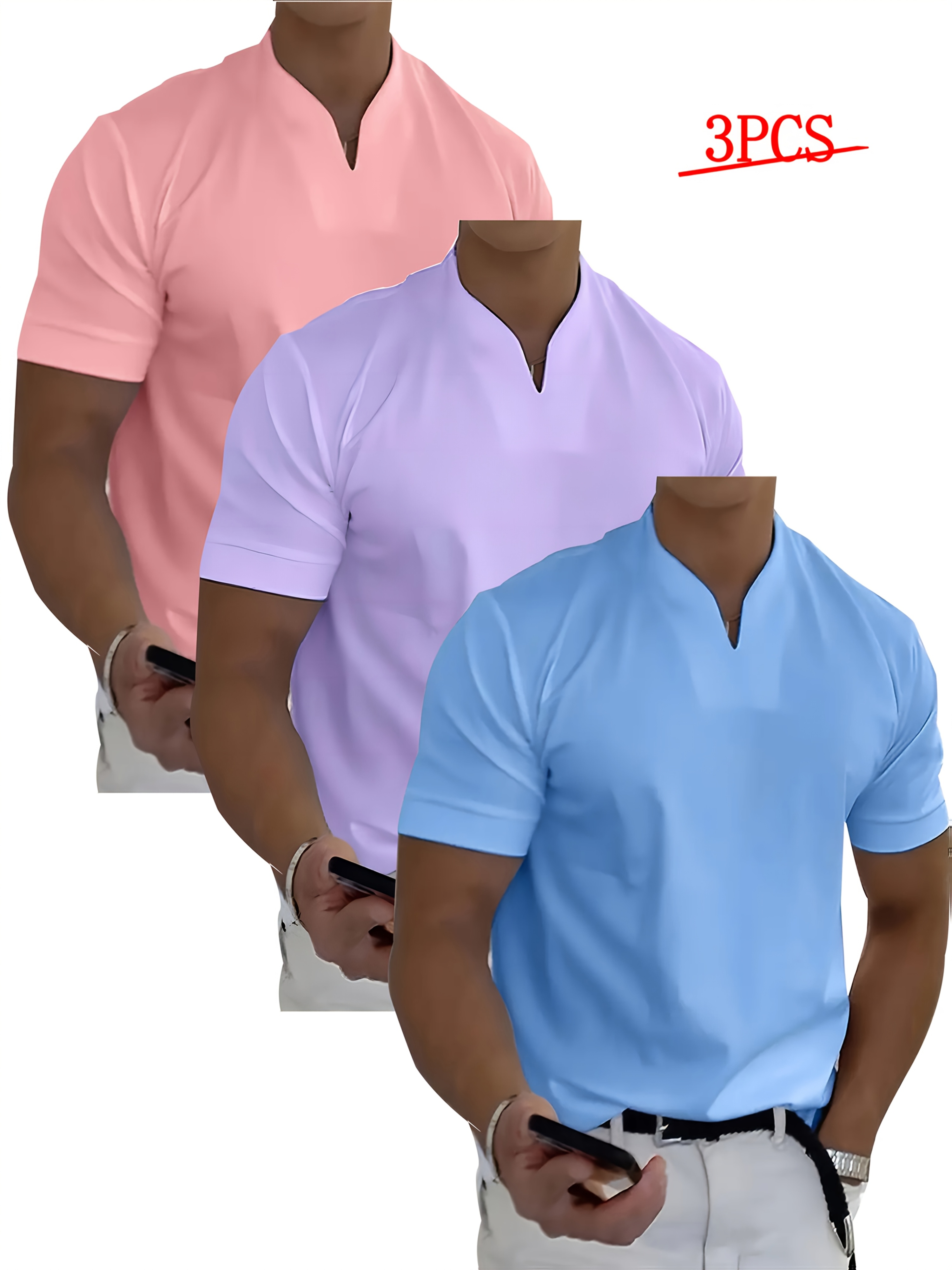 3pcs mens summer short sleeve v neck t shirts casual sport multi color solid round neck detail v neck polyester machine washable casual wear   tshirt polyester fabric