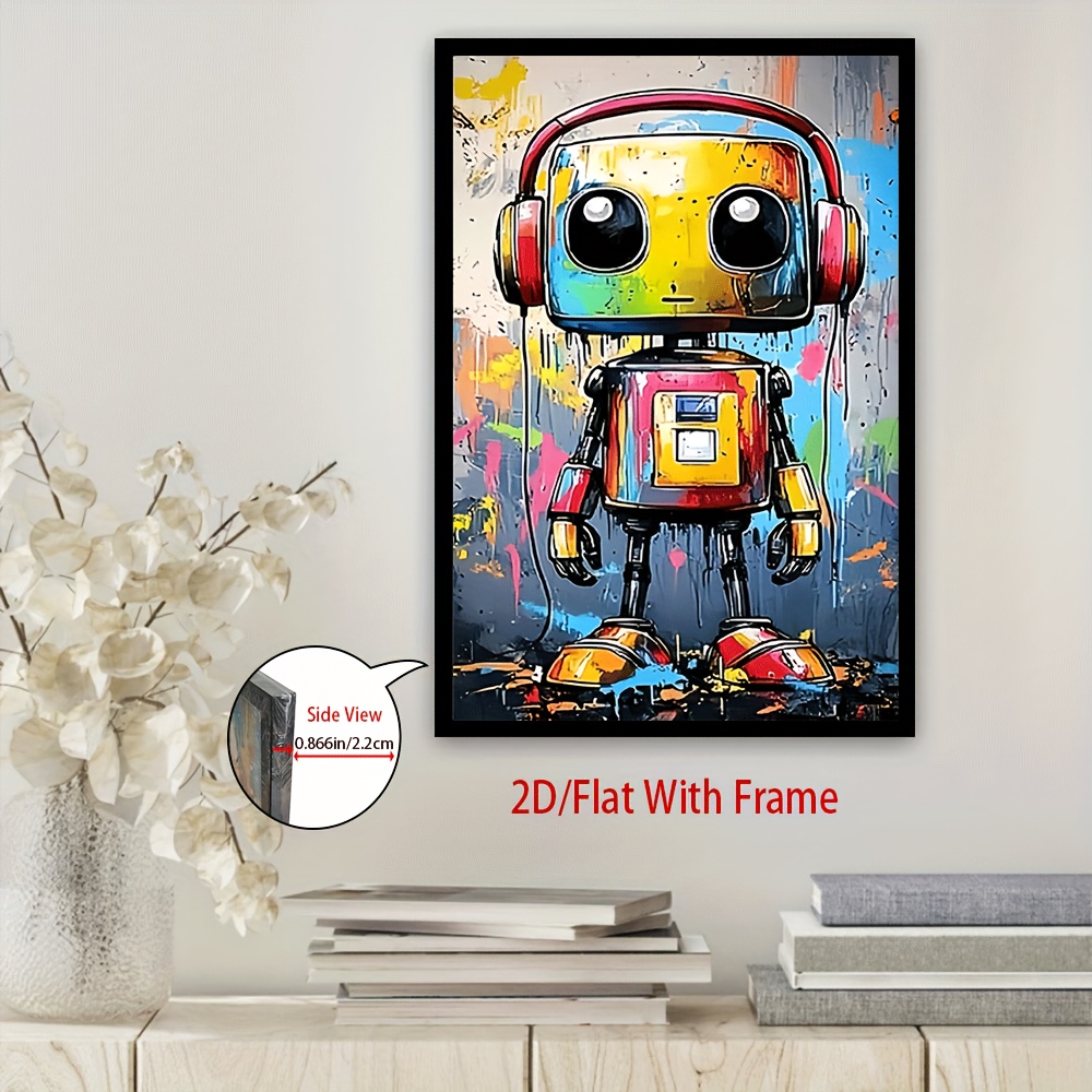 2d flat vibrant robot headphones canvas art print colorful Temu