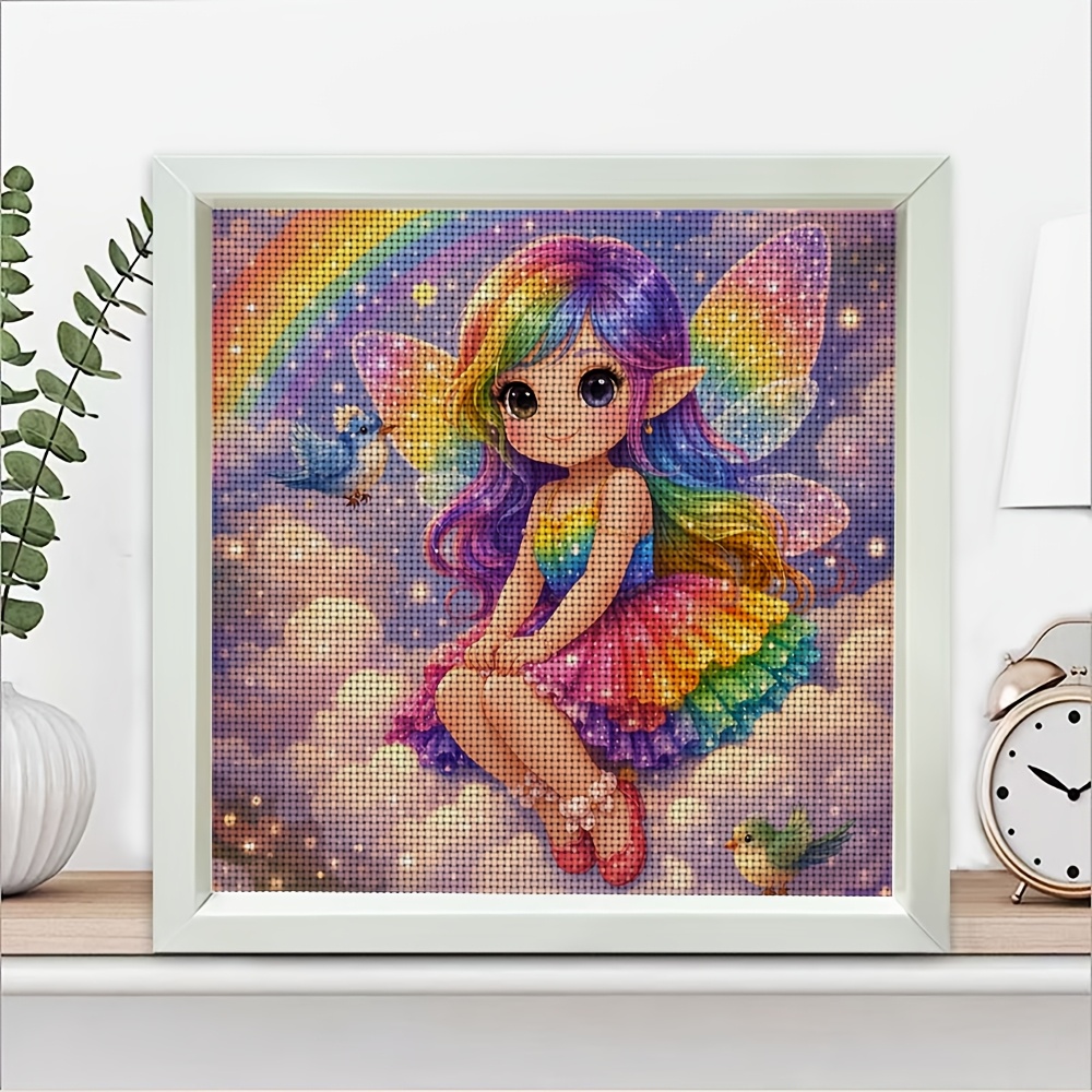 Frameless Cross-Stitch Printed Kit, Rainbow Fairy Sitting Among Clouds