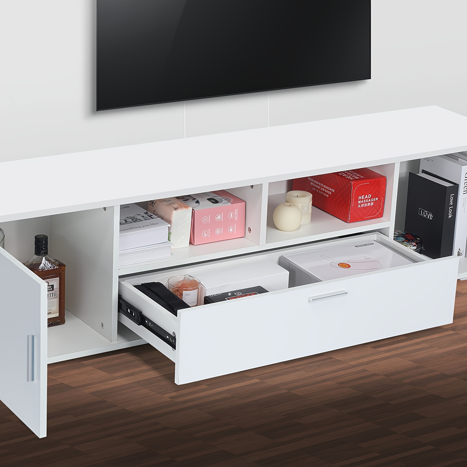 63 inch tv cabinet with tempered glass shelf and multi color lighting     inch tvs