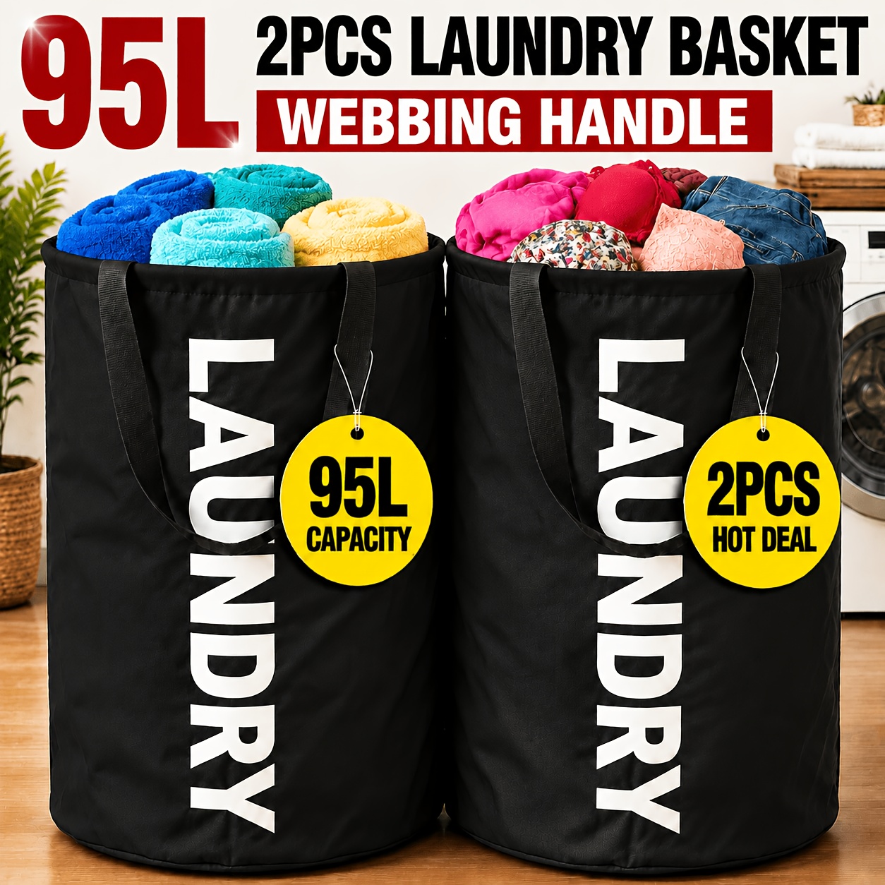 TEMU 2pcs Large Laundry Baskets, Foldable & Heightened Laundry Hamper, Premium Material, Aluminum Ring/ Webbing Handle Optional