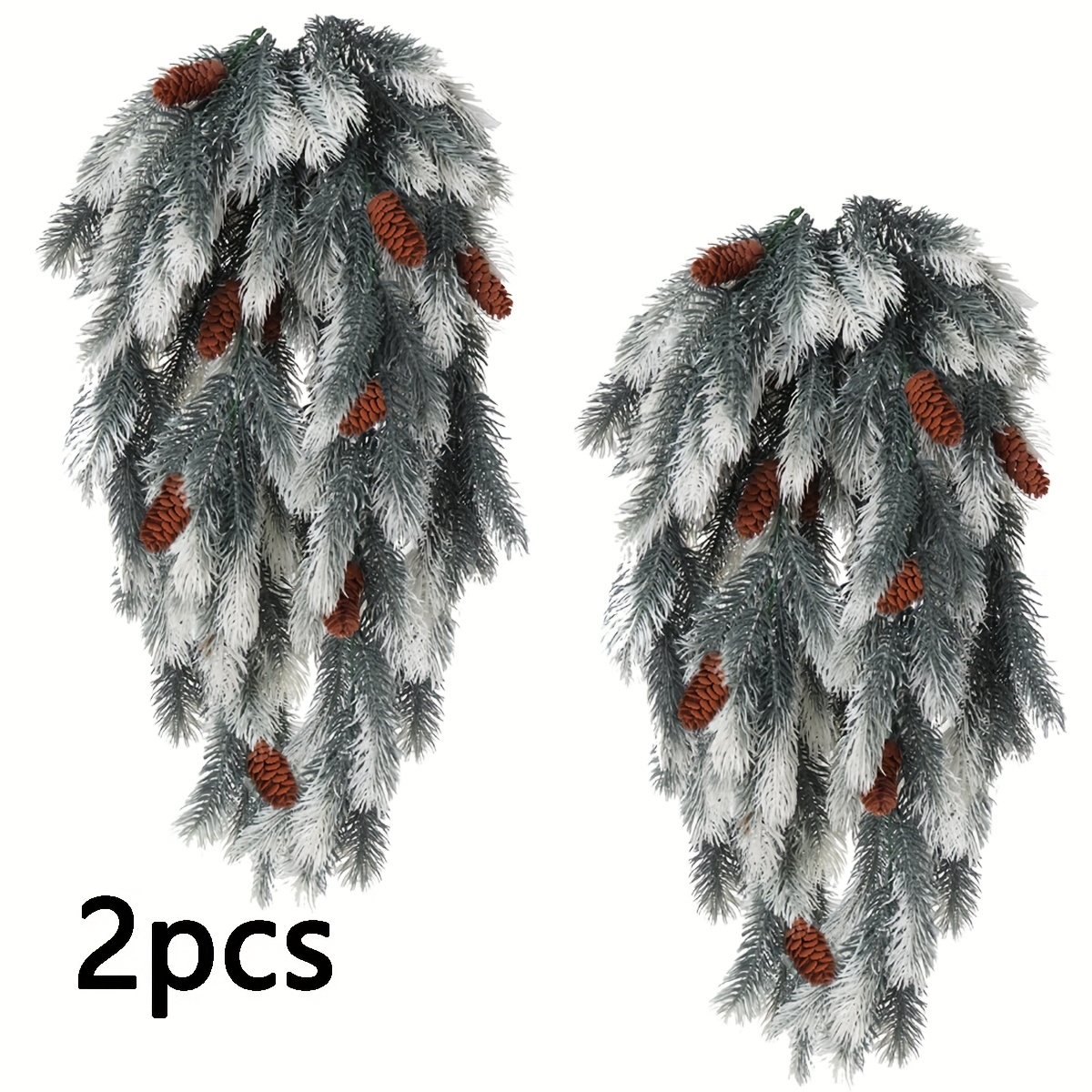 Image of 2pcs Festive Artificial Christmas Tree Branches, Teardrop Fir Garland With Artificial Pine Cones, Plastic Hanging Swags For Holiday Wall Door Fireplace Decor, Indoor/outdoor Use, No Power Needed