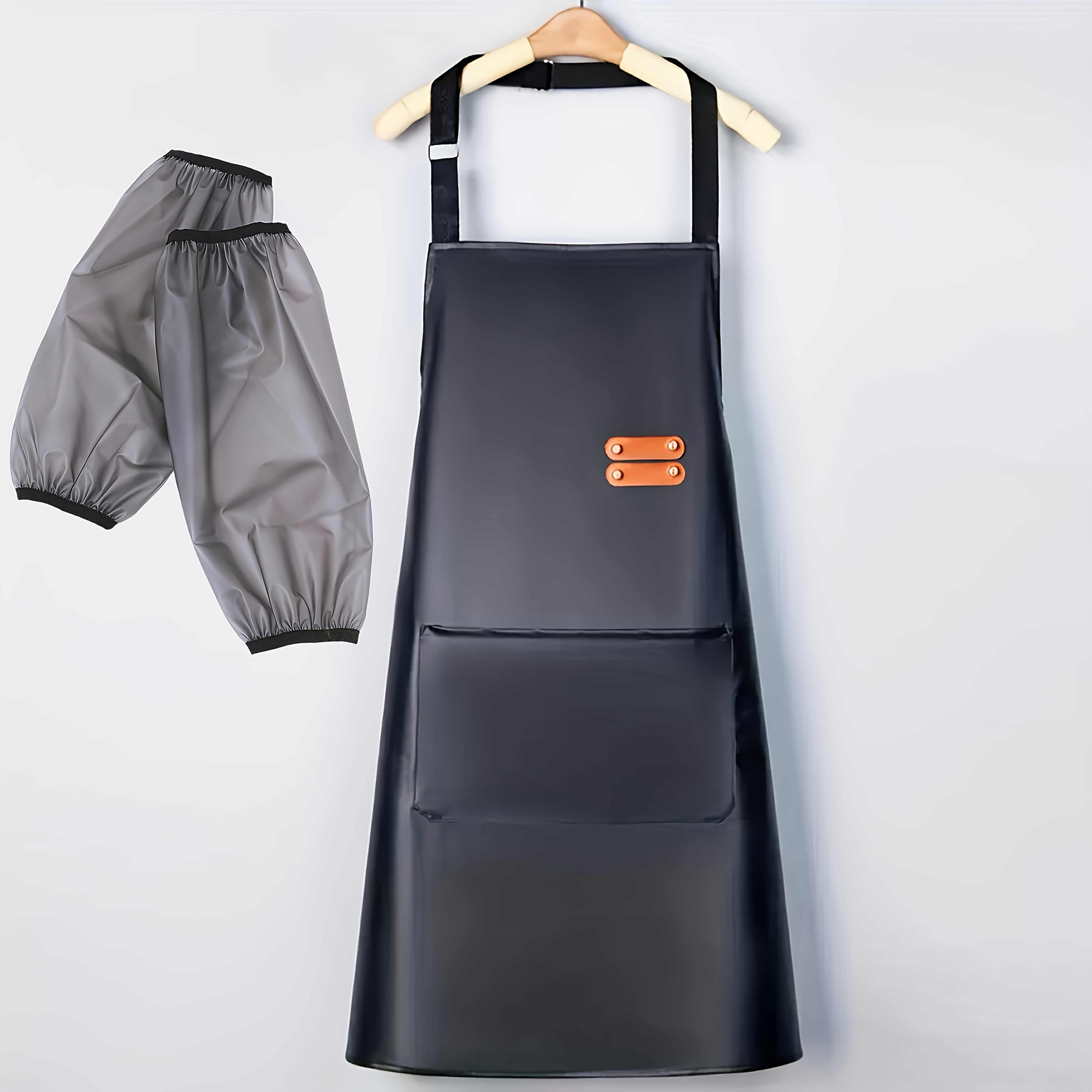 TEMU Apron And Sleeve Cover Set - 1 High-quality Apron And 2 Pu Sleeve Covers, Made Of Wash-free Synthetic Leather, With Pocket Bib Apron, Easy To
