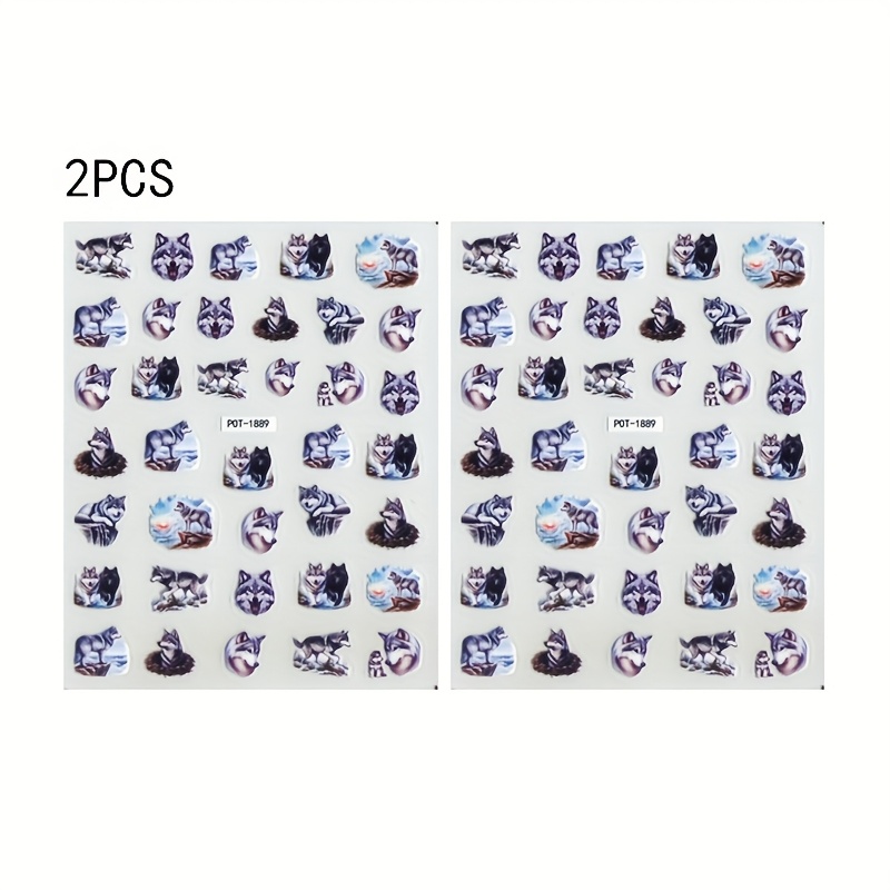Image of 2pcs Vibrant Wolf Nail Art Stickers - 5d Embossed Self-adhesive Decals, Cute Cartoon Animal Theme Design For Manicure, Sparkling, Perfect Women's Holiday Party Gift