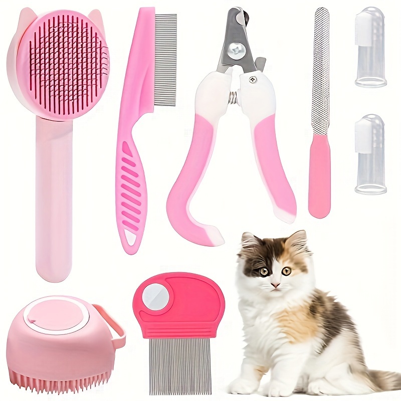 

8pcs Cat Grooming Kit, Pet Nail Clippers & File Set, Self-cleaning Brush, Flea Comb, Pet Shampoo Bath Brush, Shedding Brush, Silicone Toothbrush, Plastic Material For