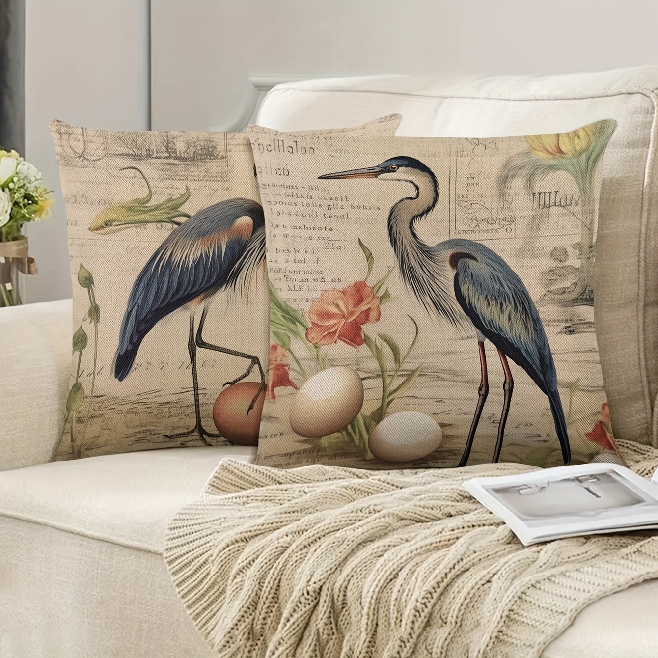 

2-pack Rustic Heron Print Linen Pillow Covers 17.72x17.72 Inches, Modern Country Style Square Cushion Cases, One-sided Print, Soft & Comfortable Home Decor For Daily Use (insert Not Included)
