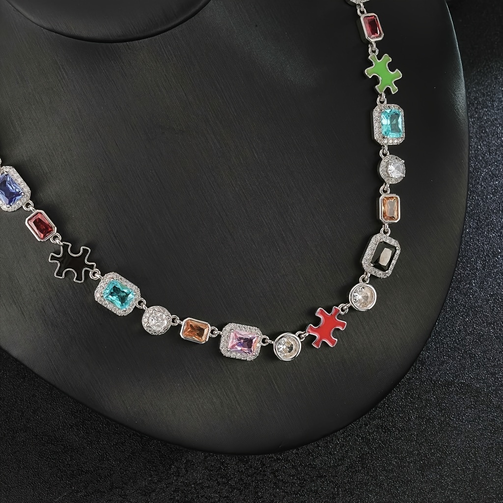 Image of 1pc 10mm Colorful Puzzle Necklace Inlaid With Synthetic Synthetic Synthetic Zircon​​, Hip-hop Style Necklace