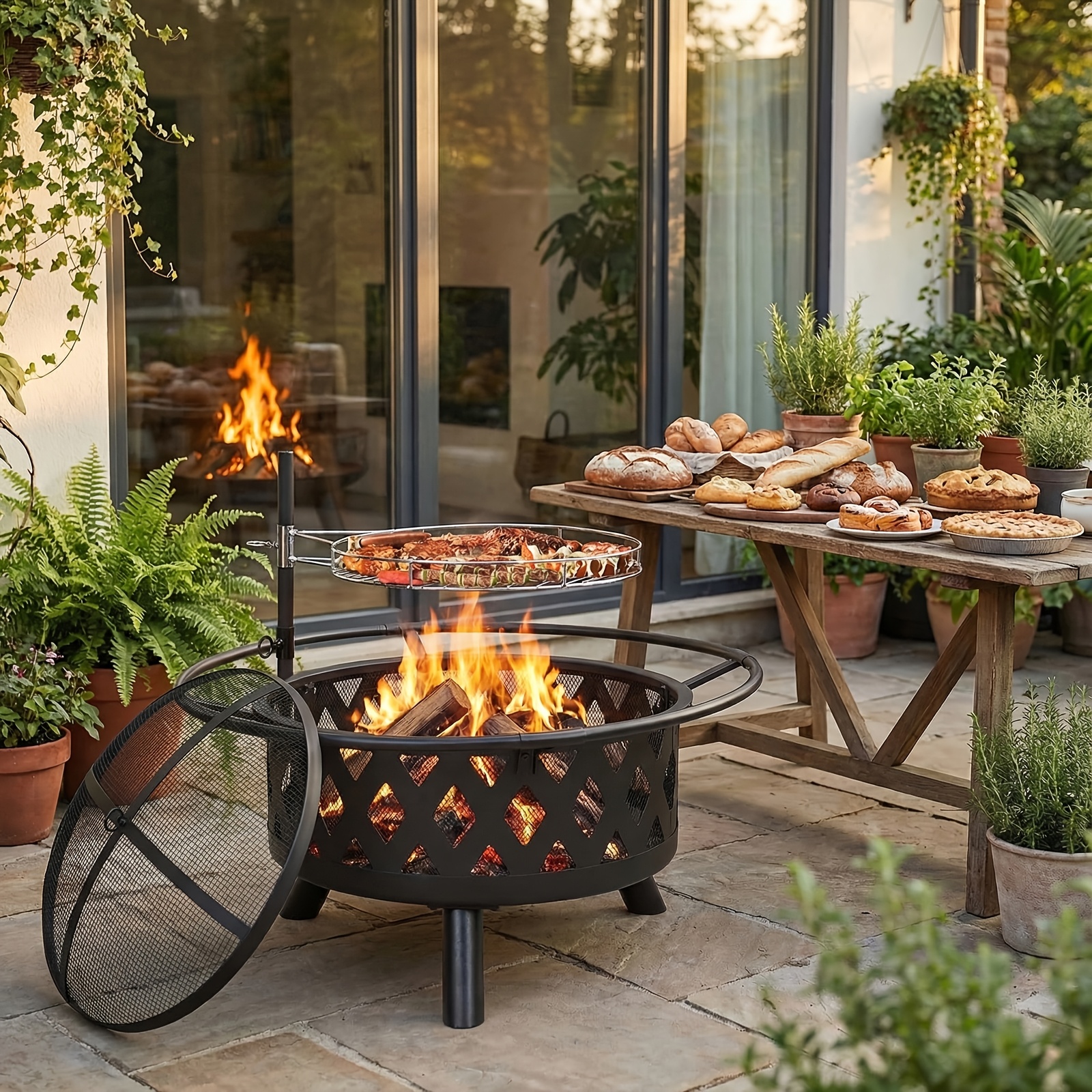 Outdoor Stove, Fireplace, Heat , With Rotating Grill, And , 76cm In Diameter, Multi-functional Fire Basin Combining Heating And Grilling Functions.