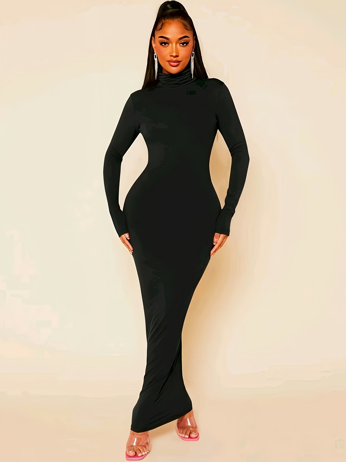 black girl dress Mesh Inset Long Sleeve Midi Dress Black