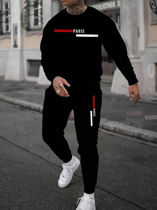 pei mens clothing store offers a comfortable two piece set for autumn running featuring a round neck long sleeve top and drawstring sports pants