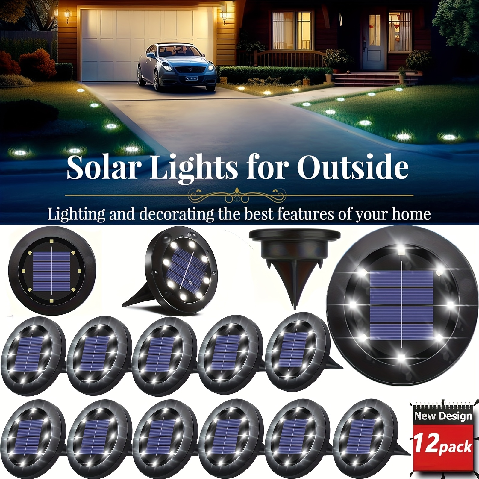 TEMU 12pcs Solar Ground Lights, Solar Garden Lights, Upgraded Outdoor In-ground Light, Landscape Light For Pathway, Yard, Deck, Lawn, Patio, Walkway