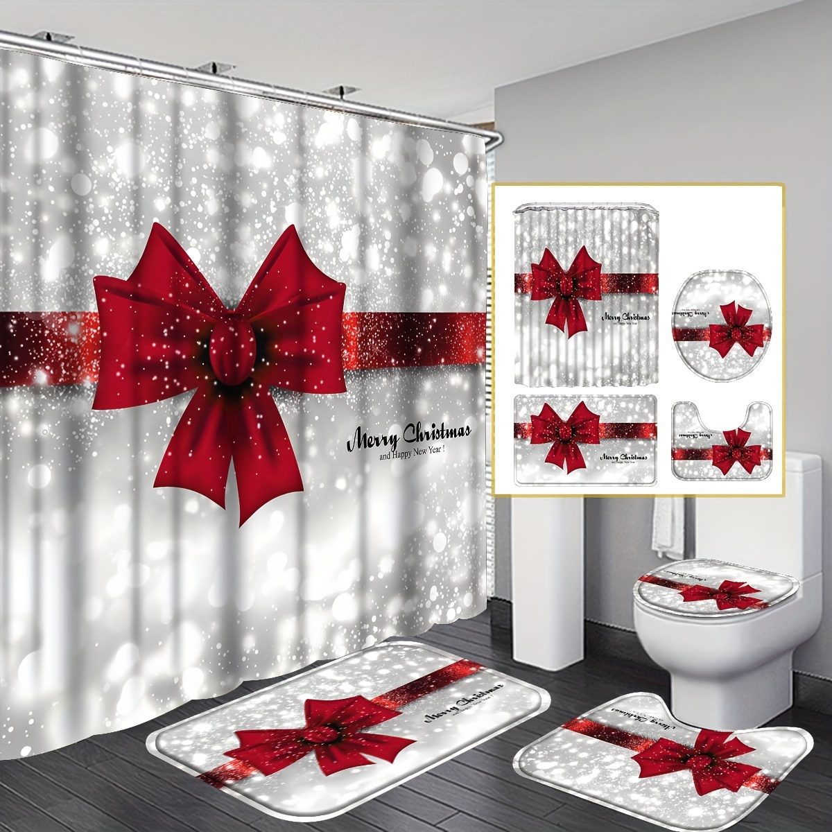 TEMU 4pcs Merry Christmas Tie Shower Curtain Set, Cute Polyester 12 Hooks Shower Curtain With Non-slip Bathroom, Toilet , Toilet Lid Cover Pad,