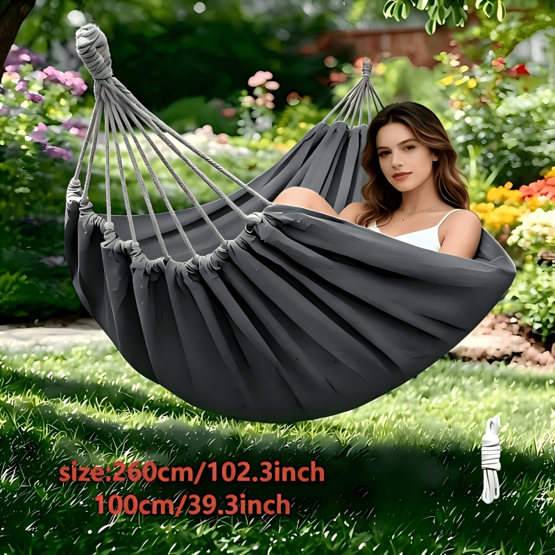 1pc Patio/Outdoor Hammock with Support Pole, Sturdy Dark Gray Fabric Hammock with Anti-Tip Design, Durable with Tie-Down Ropes - Ideal for Relaxing in the Patio, Outdoors, Indoors, and Camping, for Outdoor Hammock Use