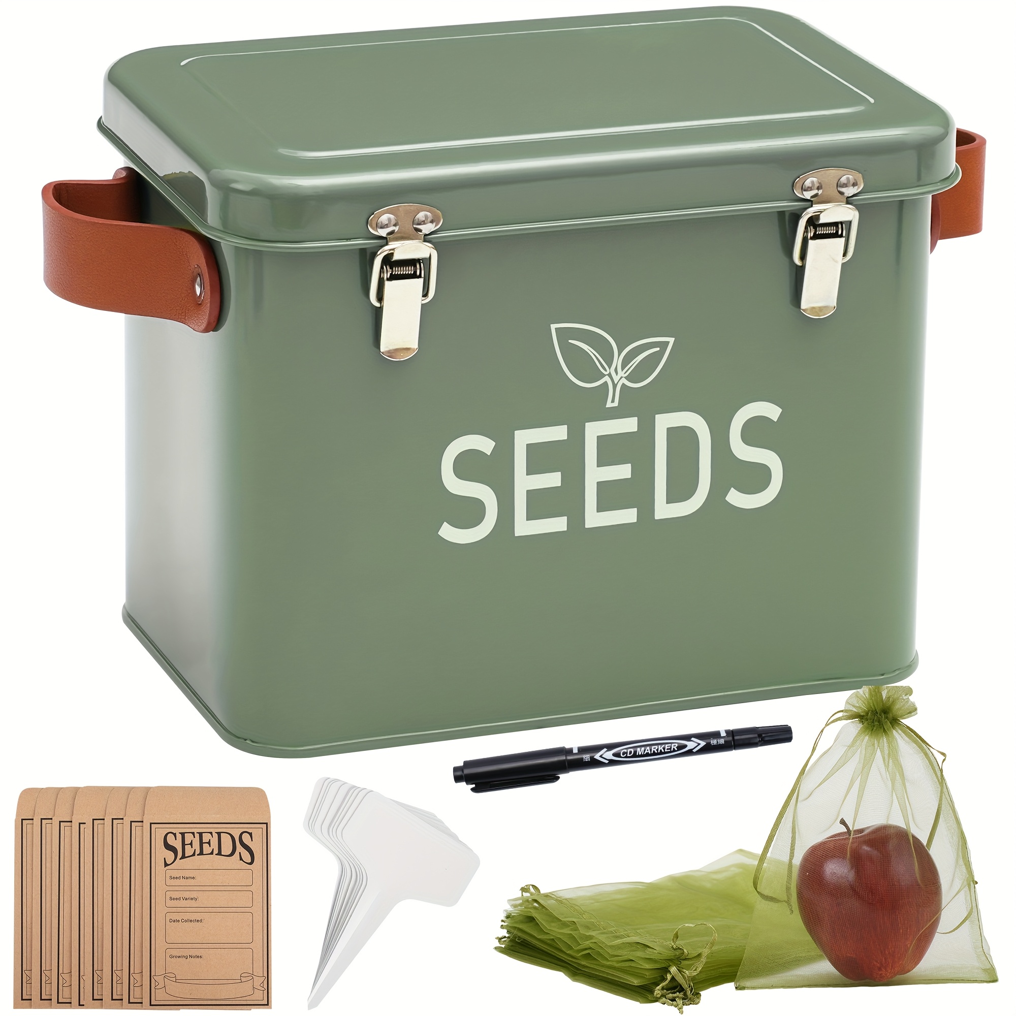 seeds storage organizer box, metal seed preservation case with lid, contained in 10 fruit bags, 30 plant tags, and 20 seed envelopes, box with 3 compartments and  , gardening supplies, women s gardening gifts 0