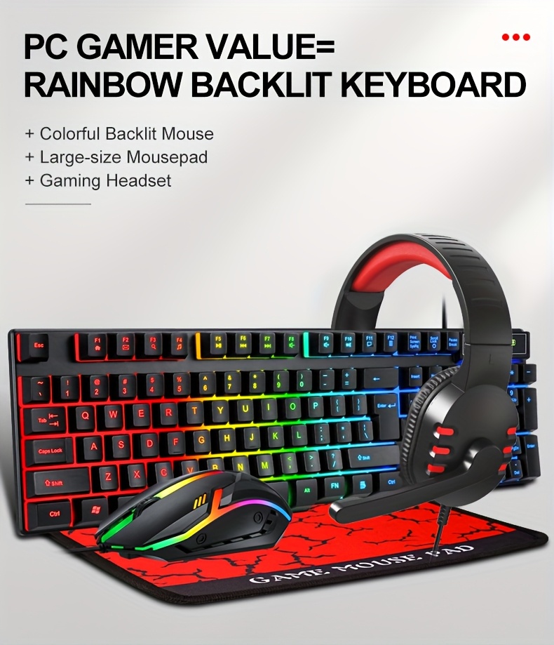 T-WOLF TF800 Four-piece Gaming Combo 104 Keys Keyboard 4-color Breathing Light Mouse 3.5mm Gaming Headset Anti-slip Mouse Pad