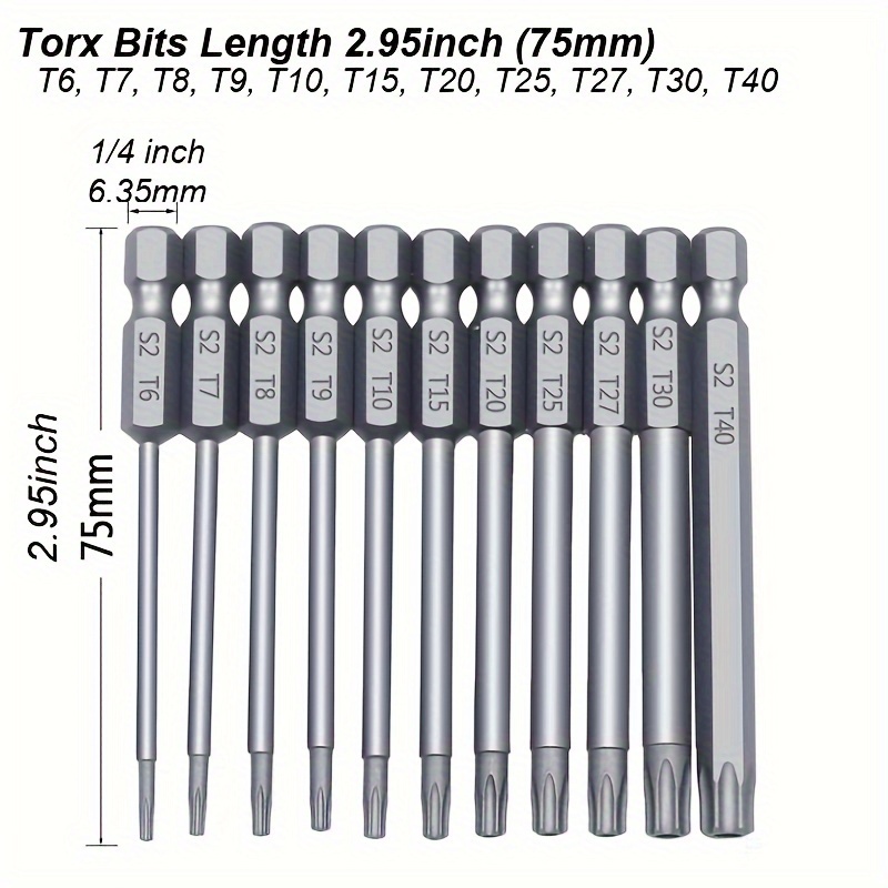TEMU 11pcs 75mm Long Torx Screwdriver Bit Set, -t40 Star Bits, 1/4" Hex Shank, Security Tamper Proof Design, For Automotive Repair, Machinery