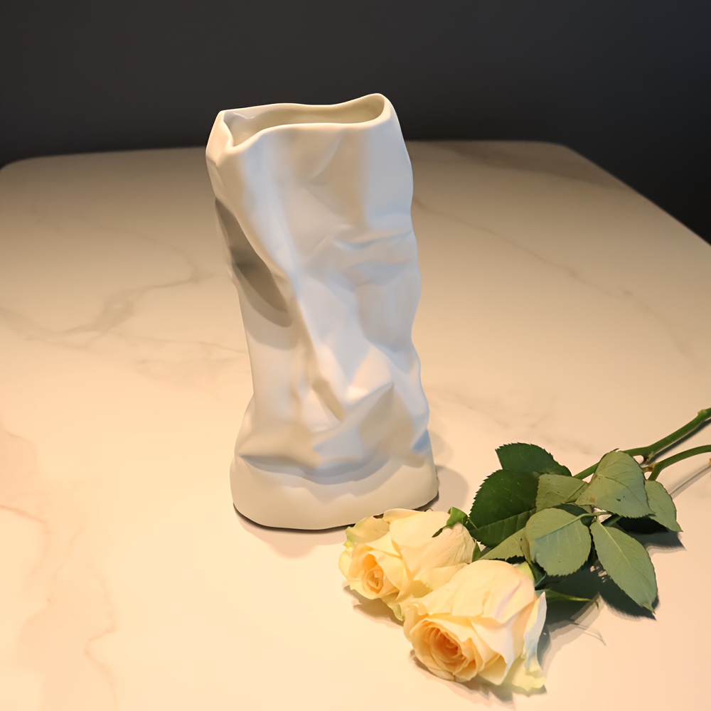 Image of Modern White Ceramic Pleated Vase – Unique Irregular Design For Boho Home Decor, Minimalist Table Centerpiece, Displaying Dried Flowers Or Artistic Arrangements, Vases Home Decor