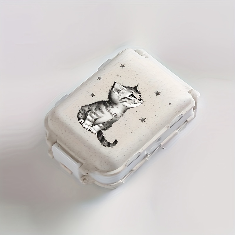 Starry Cat Themed Three-layer Folding Medicine Box, 8-compartment Design, Portable Travel Storage (3.9"x2.6"x1.3"), Daily Medication Reminder Multifunctional Box