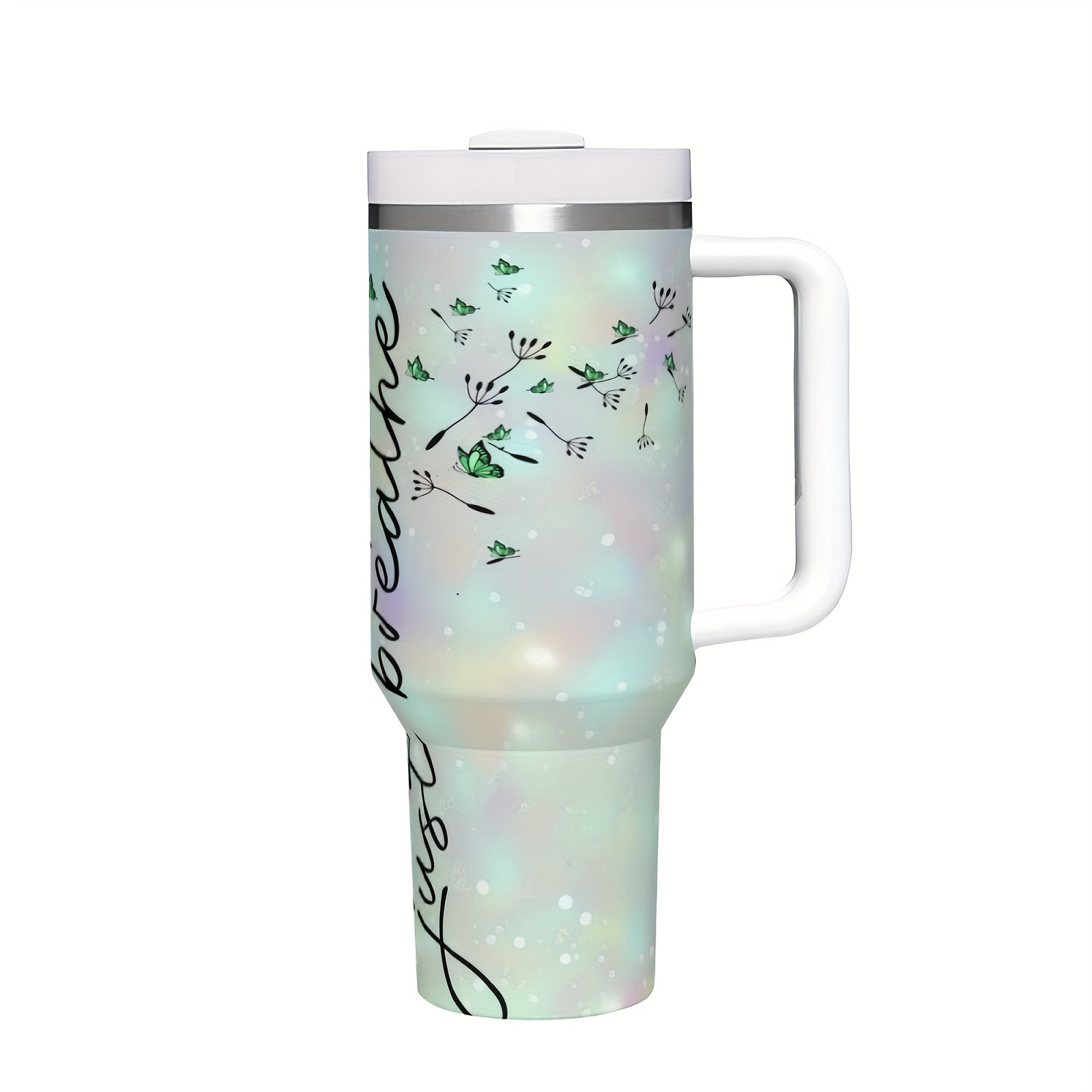 

40 Oz Stainless Steel Travel Tumbler With Handle, Inspirational Butterfly Design - Double-wall Insulated Large Coffee Mug With Lid And Straw, Hand Wash Only - Ideal For Running & Holidays