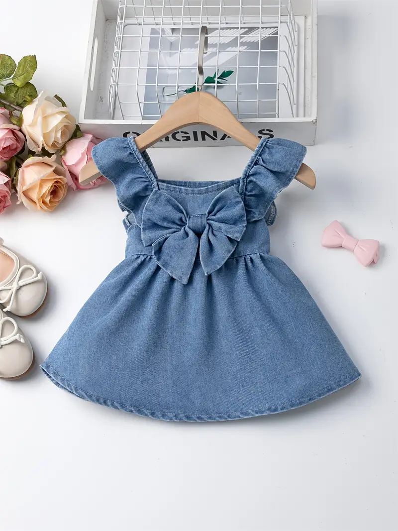 bowknot denim dress SHEIN Young Girls Denim Dress Blue Back-To-School Sweet Princess Washed Cotton Denim Shirt Collar Puff Sleeves White Bowknot Loose Hem Daily School Party