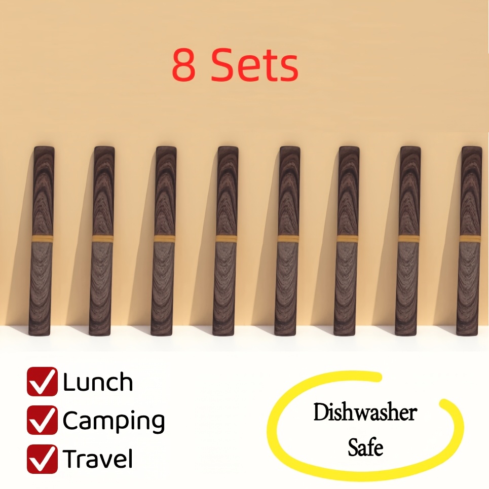 TEMU Brown 2/4/8 Sets Travel Utensils Set | Outdoor Camping Cutlery | Reusable Utensils | Portable Table Fork & Cutlery With Wood-grain Plastic