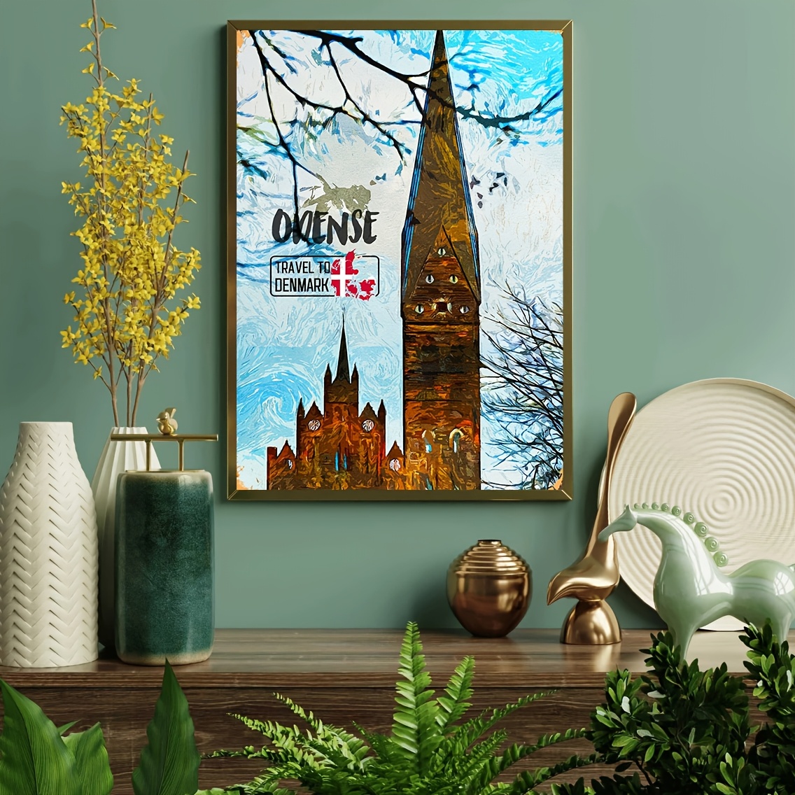 1pc okense denmark 캔버스 그림, 나무 프레임 아티스틱 프린트, 경관 풍경 테마, 홈 리빙 룸 장식