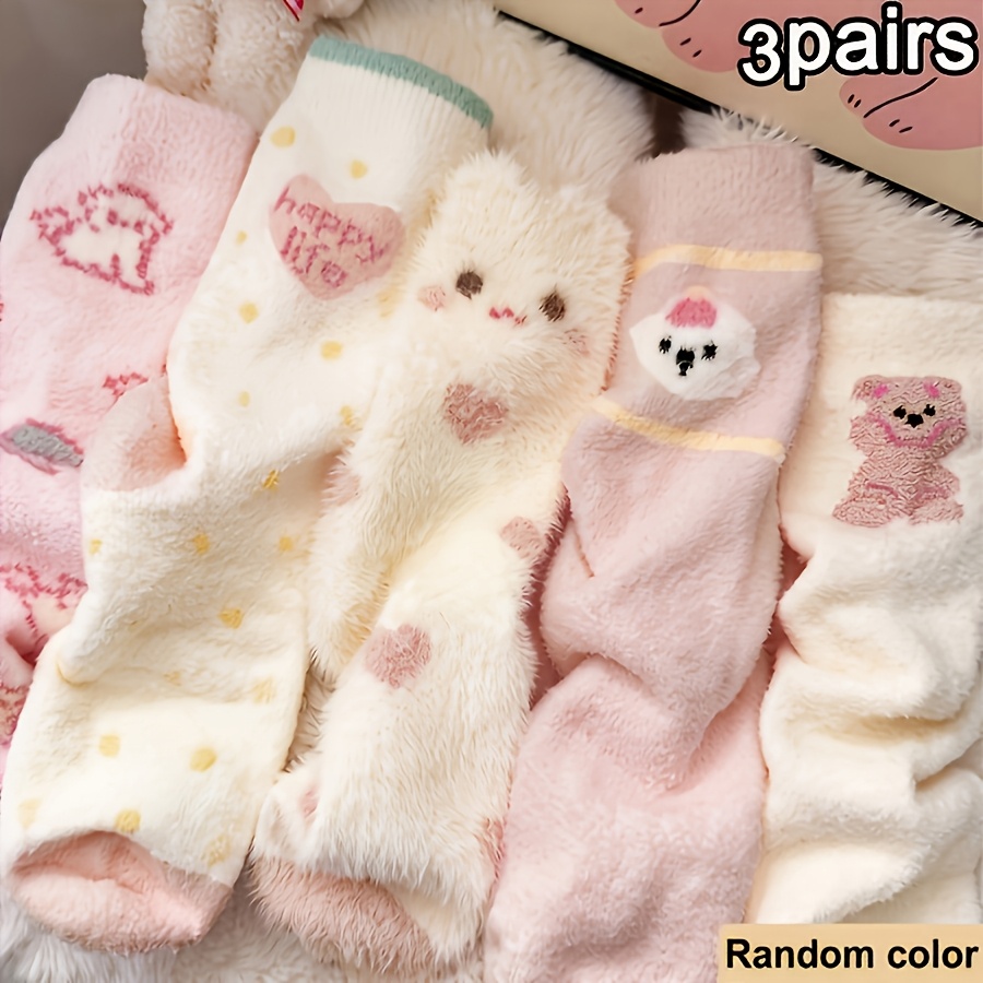 TEMU 3 Pairs Random Pack Women's Cute Pink Fuzzy Socks, Striped Warm Plush Socks, Sleeping Floor Socks, Lovely Preppy Style, Perfect For Family