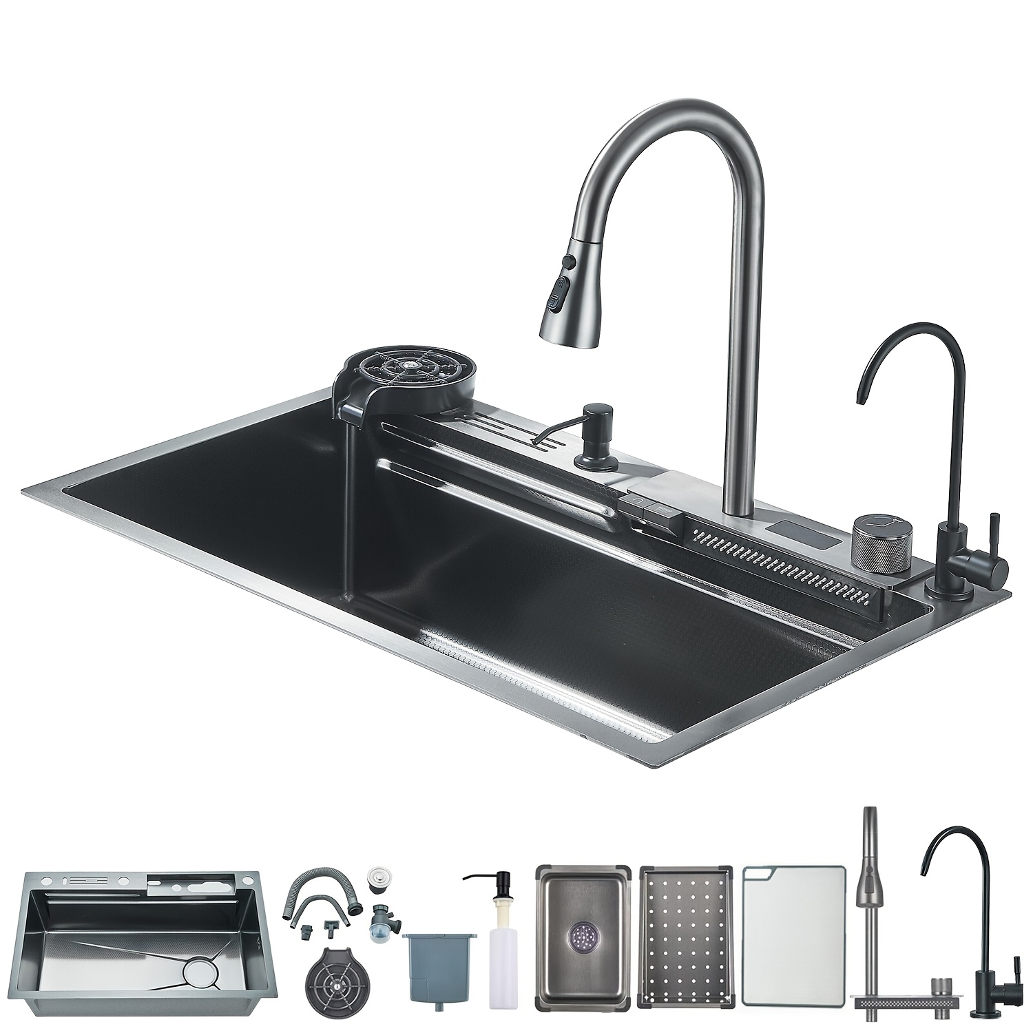 - Sink With Faucet, Black Soap Dispenser/black Glass Rinse Dispenser, 360° Pull-out Kitchen Faucet, Drain Assembly Included, (75*46cm)