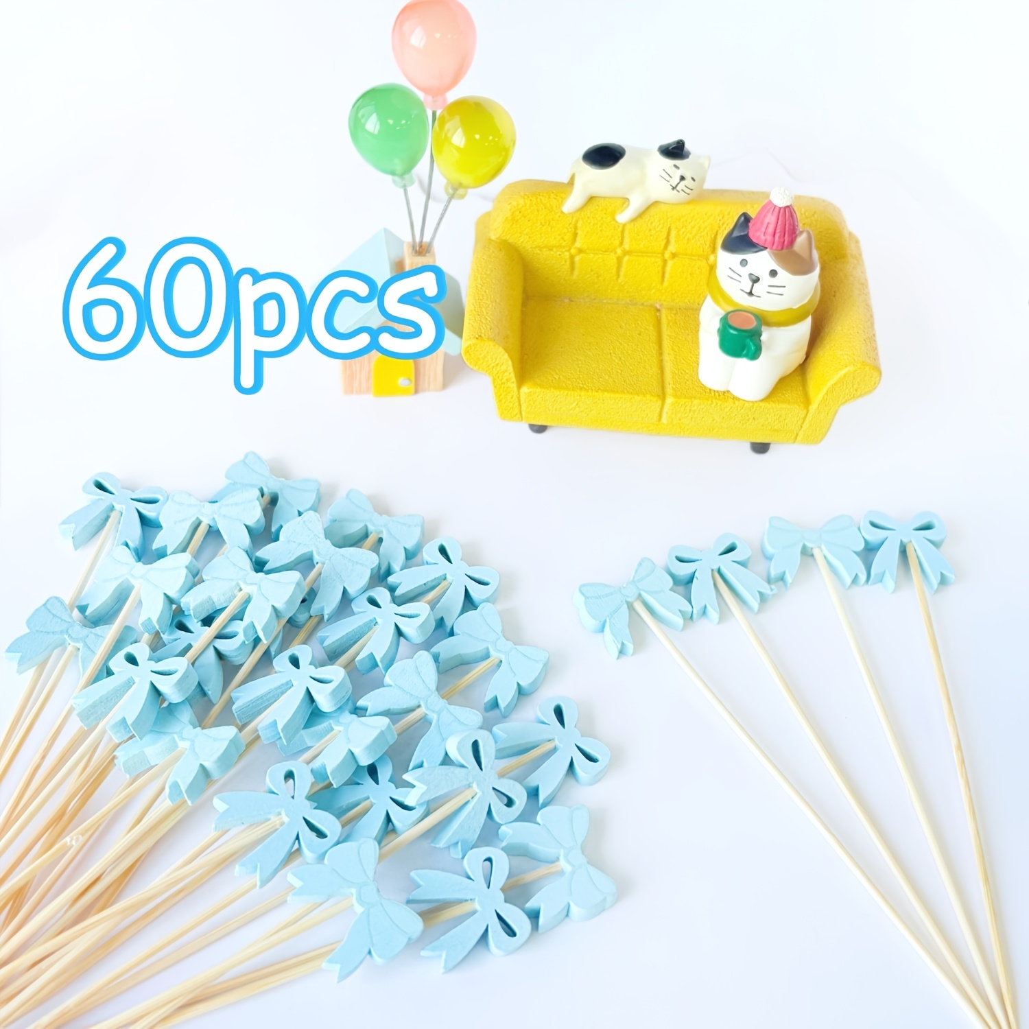Image of 30/60pcs Bow Bamboo Toothpicks - 4.92 Inch Long Non-toxic Skewers For Cupcakes, Cake, Fruit, Appetizers, Wedding, Birthday Party Decorations With Blue Bows (for Cake, Drinks, Sandwiches, Burger)