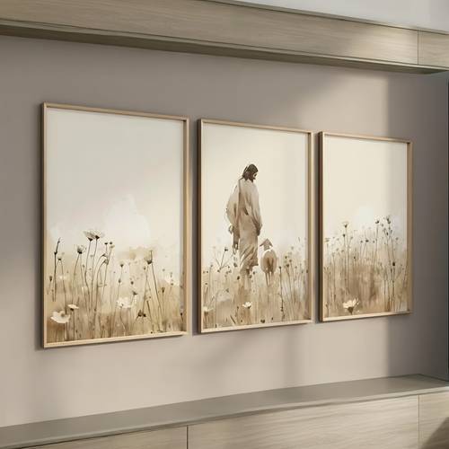 set of 3 unframed jesus and wall art vintage poster canvas print wild flower christian faith shepherd painting for dorm apartment living room decoration