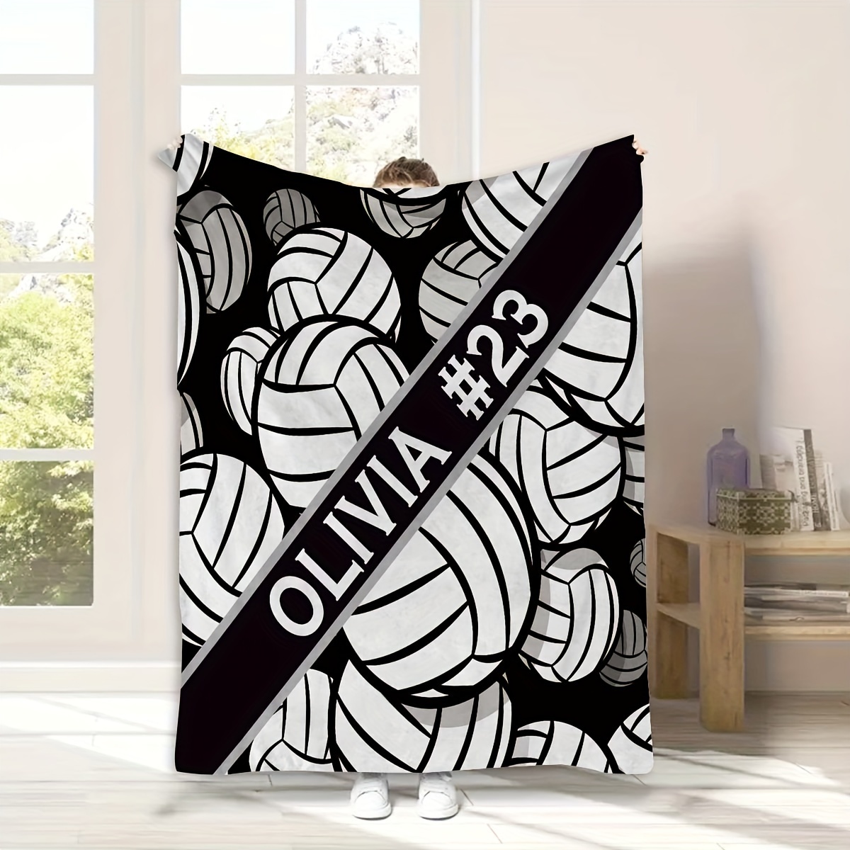 

1pc Customized Volleyball Blanket With Name And Number, , Multi-use, Machine Washable, , Knitted 100% Polyester, Decor, Soft Flannel, , , 200-250g Square