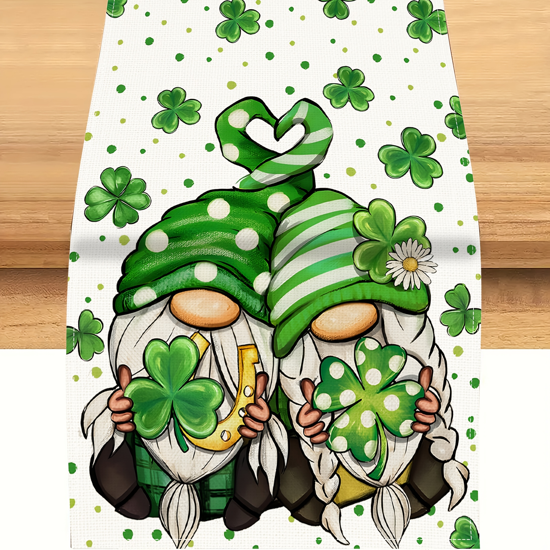 

| 's Day Leprechaun Table Runner - Festive Shamrock Kitchen Decor With Whimsical Gnome Design, Green & Golden , Polyester Blend Rectangular Tablecloth For Dining, Coffee, Or Tea Tables