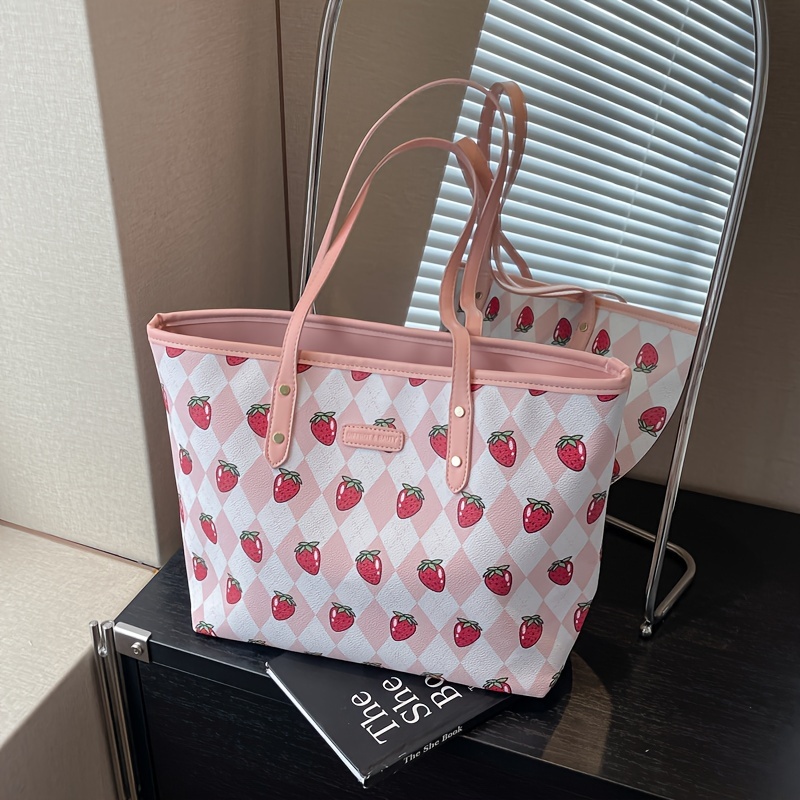 Strawberry Print Pu Leather Tote Bag New Cute Handbag - Temu Canada