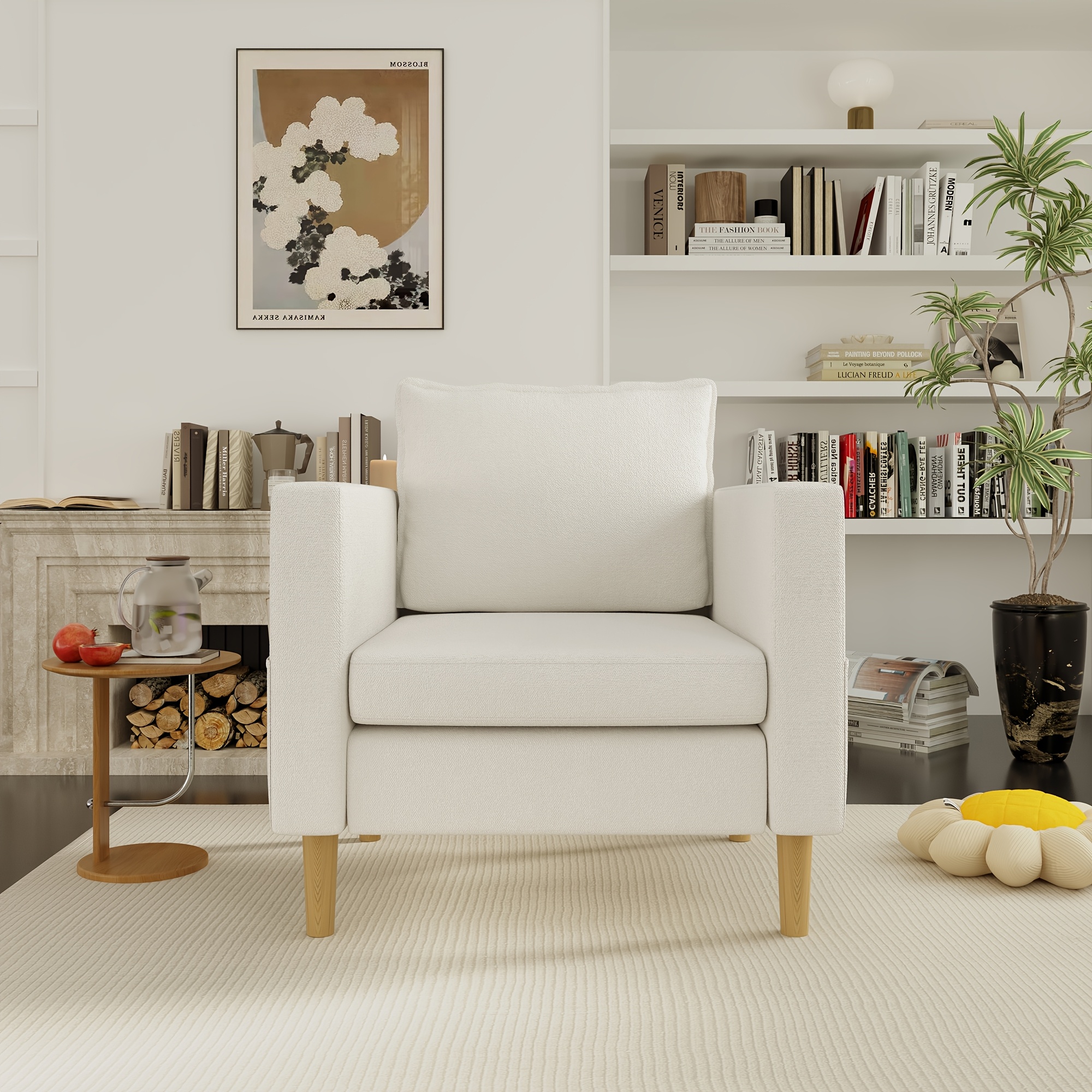 Modern Linen Upholstered Lounge Chair With Storage Pockets & Cushions - Recliner Suitable For Living Room, Foam-padded Chenille, Frame, Assembly, Space- For Small Apartments