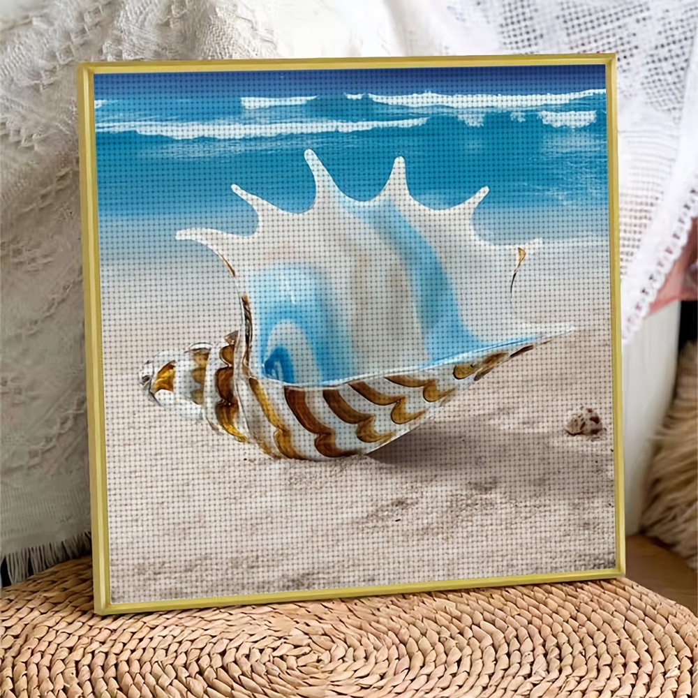 Cross Stitch Kit, Glass Seashell on Sandy Beach Design