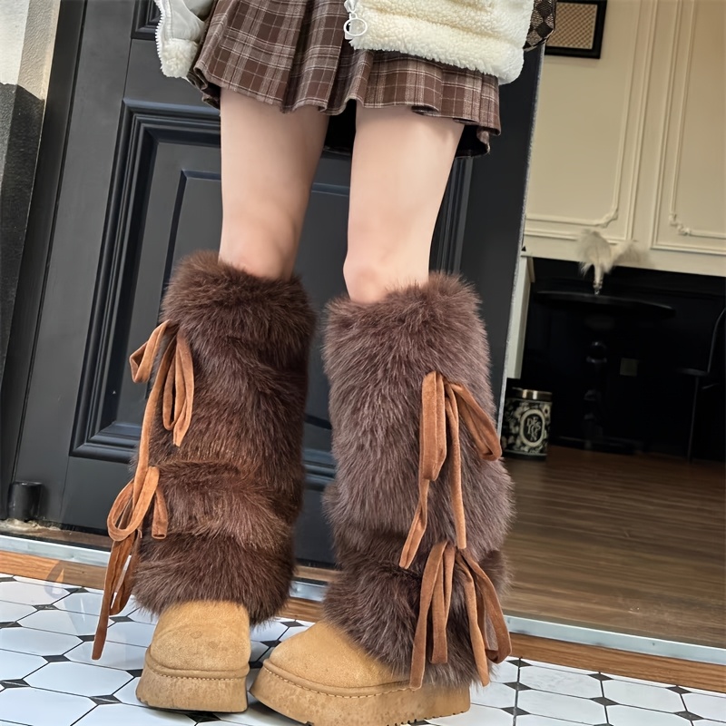 TEMU Une paire de chaussures de chauffe-jambes d'hiver chaudes et moelleuses avec des sangles et un design à nœud