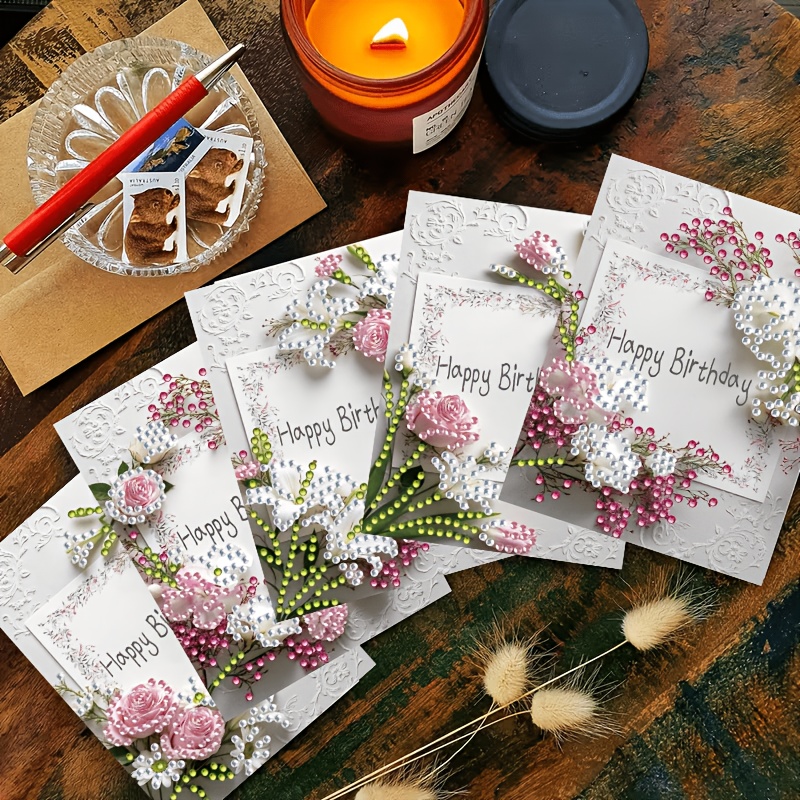TEMU Populair Nieuw Product: 6 stuks 2D Plat DIY Diamond Painting Wenskaarten - Gelukkige Verjaardag Serie, Ontwerp. DIY Ronde Strass- en Speciaal