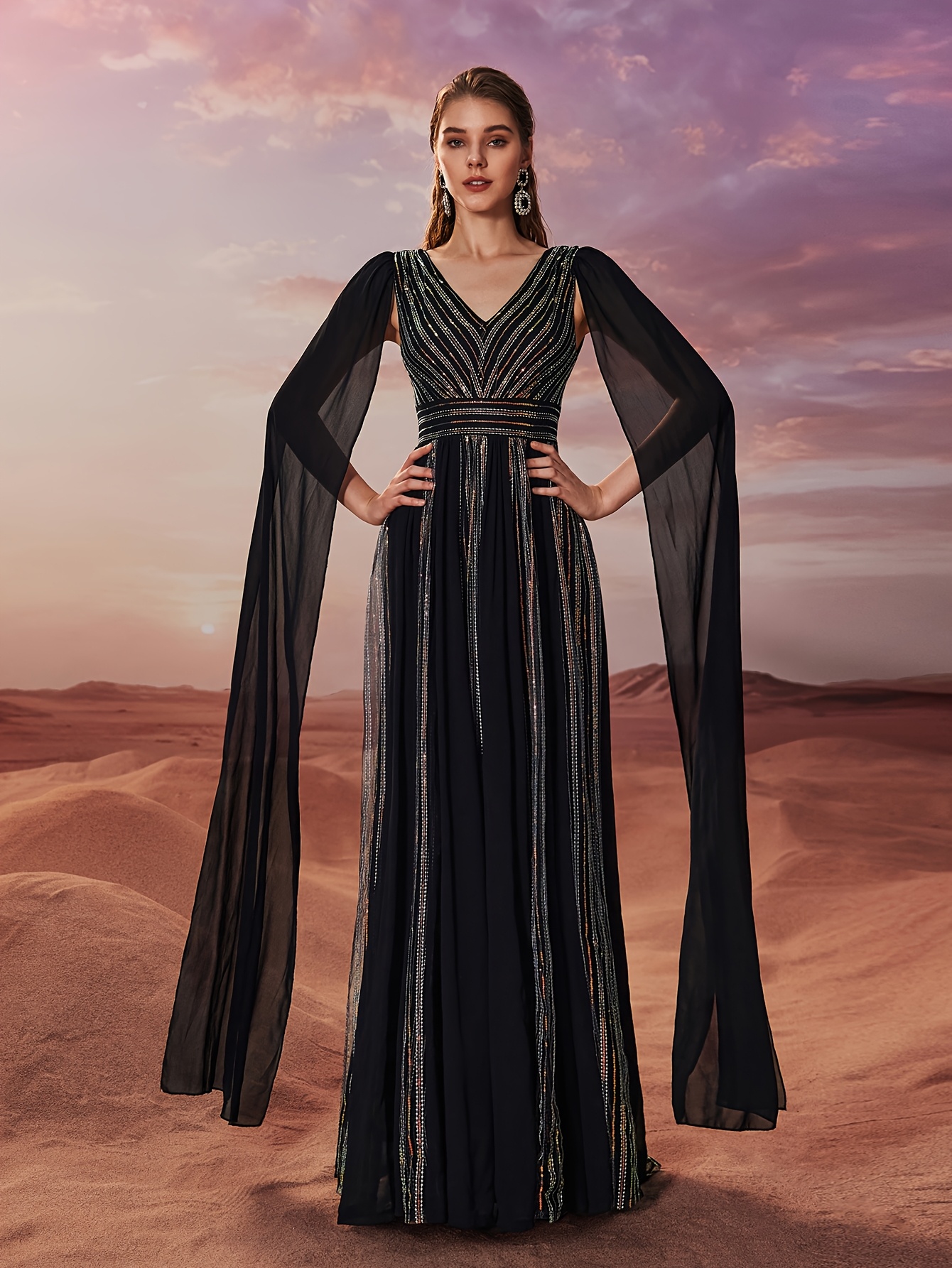 Women's Elegant Sparkling V-Neck Evening Gown with Cloak Sleeves & Striped Pattern