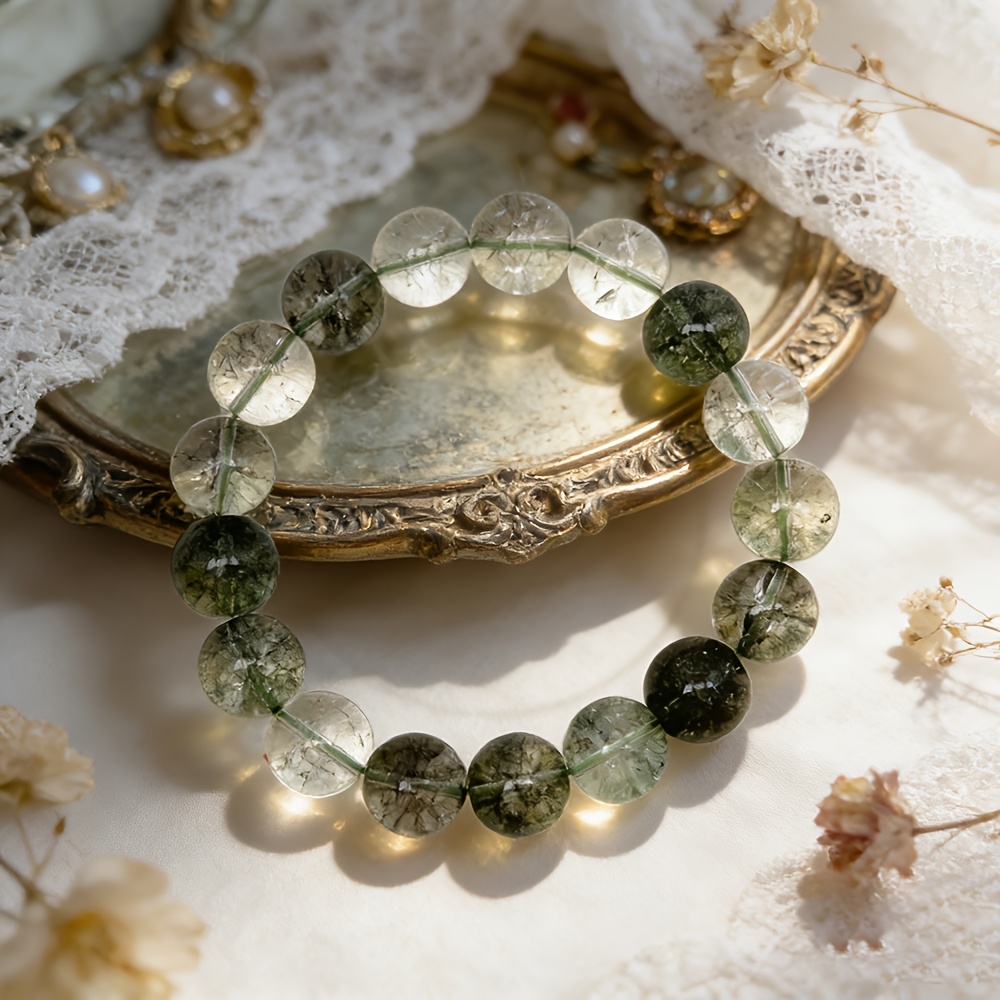 Natural Green Phantom Quartz Beaded Bracelet, Unisex Elegant Style